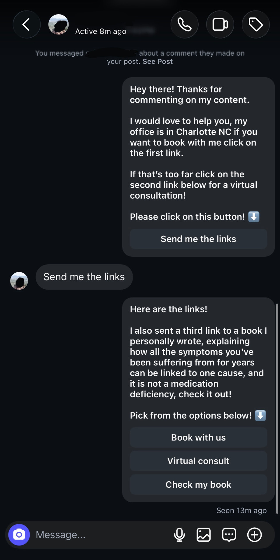Instagram automated conversation offering booking, virtual consultation, and book links